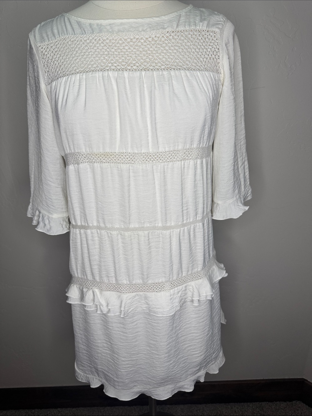 Who What Wear Ivory Tiered Dress with Crochet and Ruffle Detail